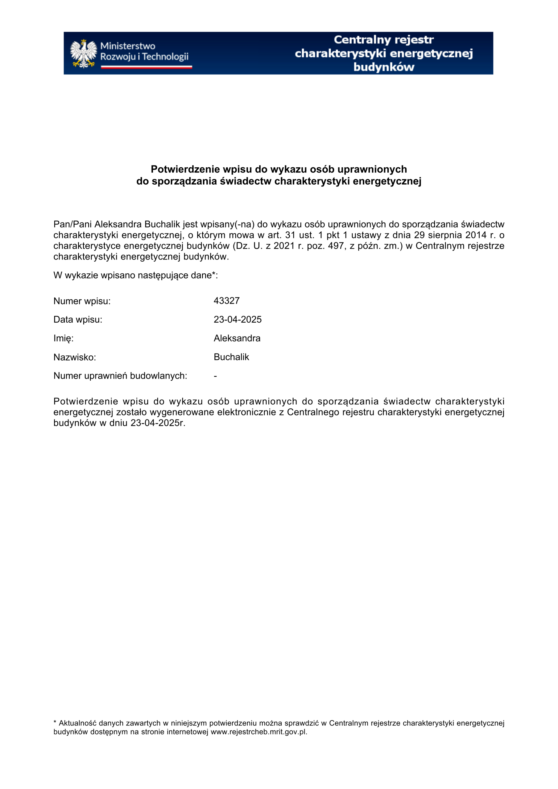 Wpis do Centralnego Rejestru Charakterystyki Energetycznej Budynków